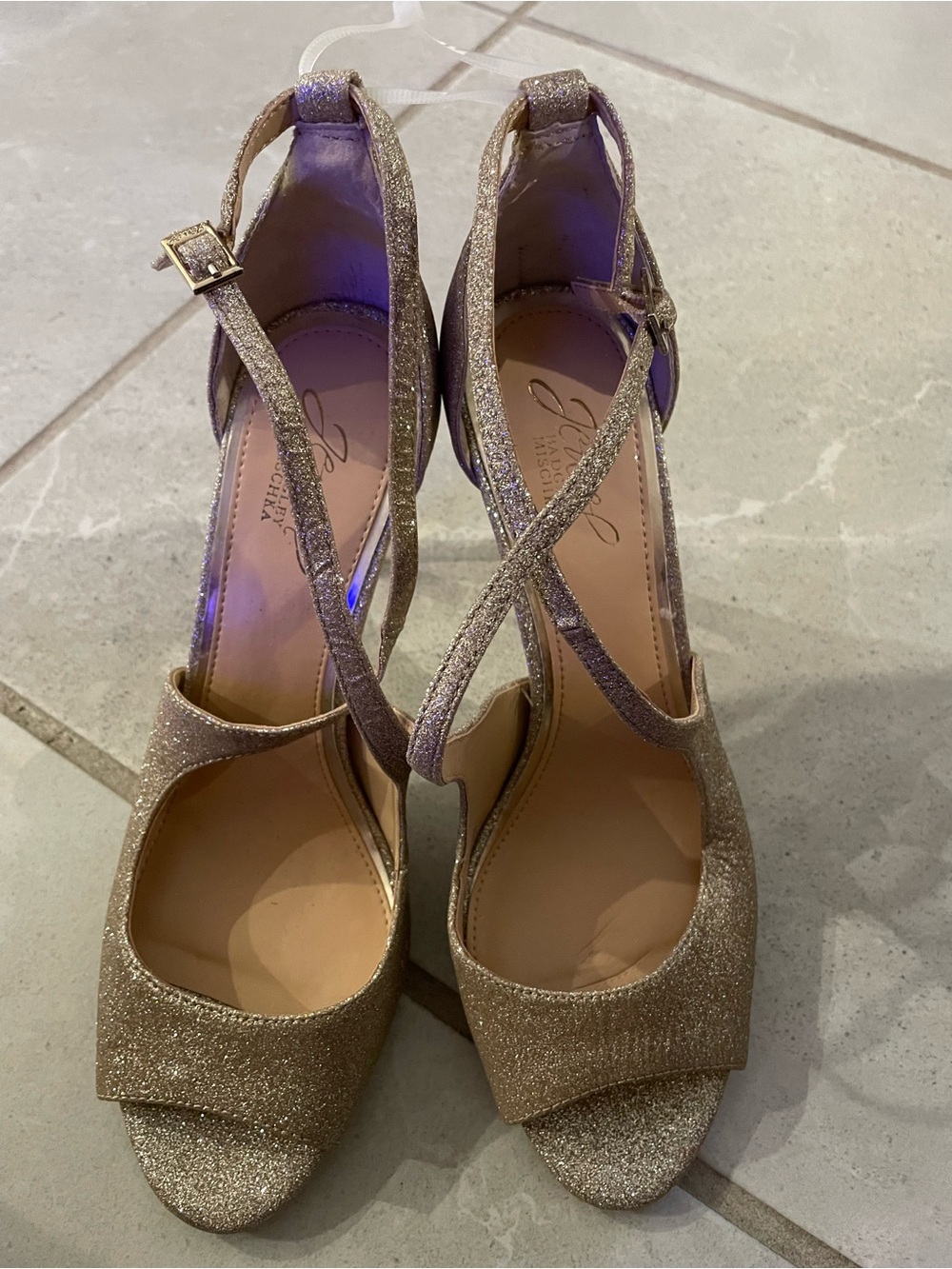 Jewel by Badgley Mischka Glitter Crisscross Gold Heels